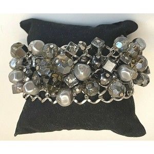 New Premier Designs Bracelet "Grand Slam" faux pearls/facet beads Gray Slvr Tone